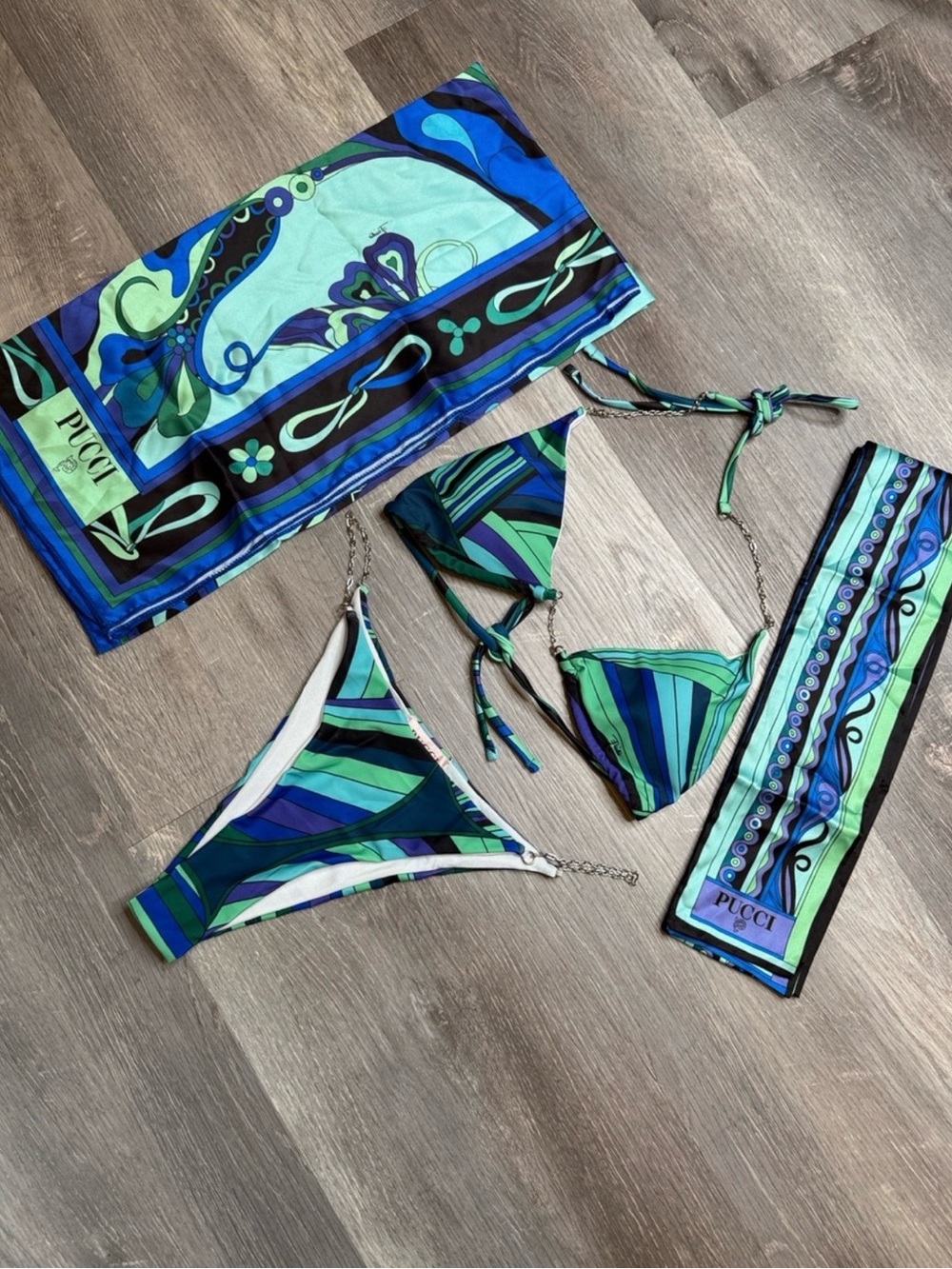 Emilio Pucci Blue & Green Printed Bikini with Matching Scarves